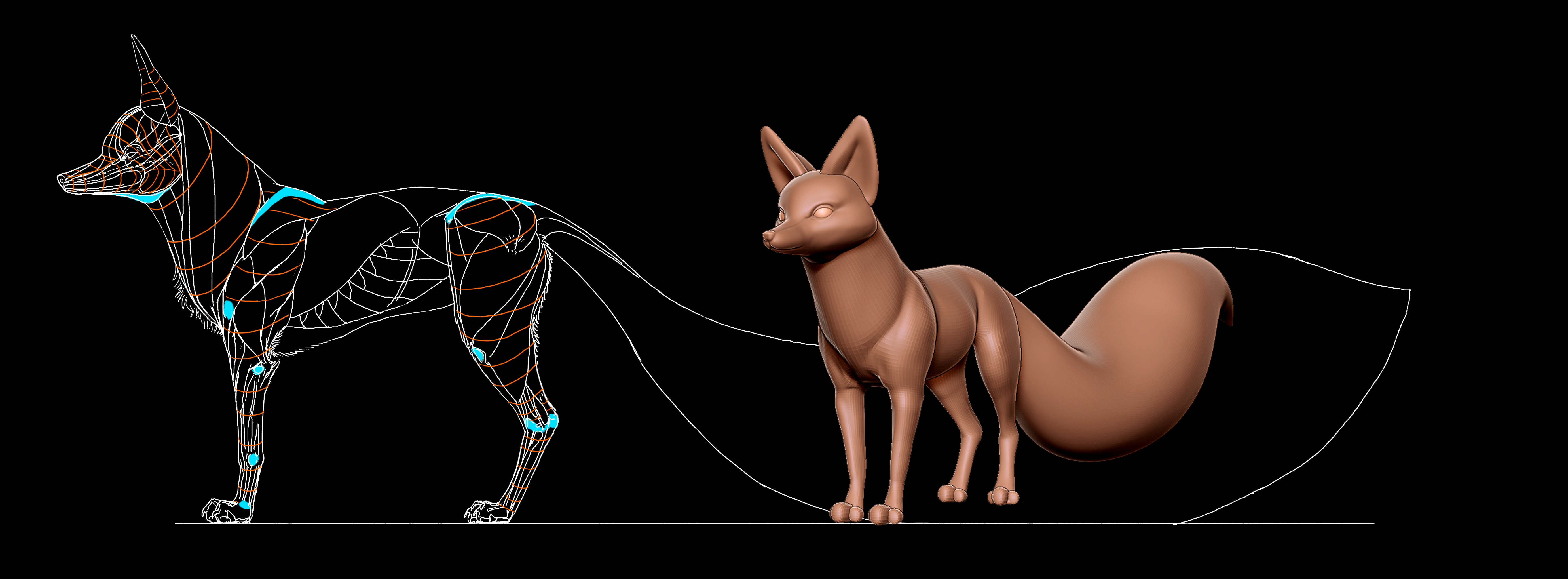 croquis digital d'un renard aux côtés du rendu final en 3D du design du renard