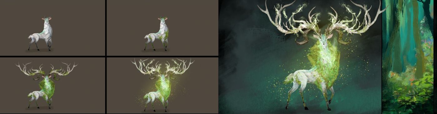 Different stages of character design for a deer